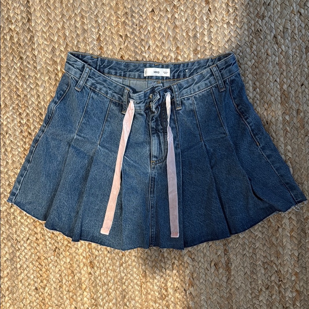 Mango Blue Pleated Skater Mini Skirt